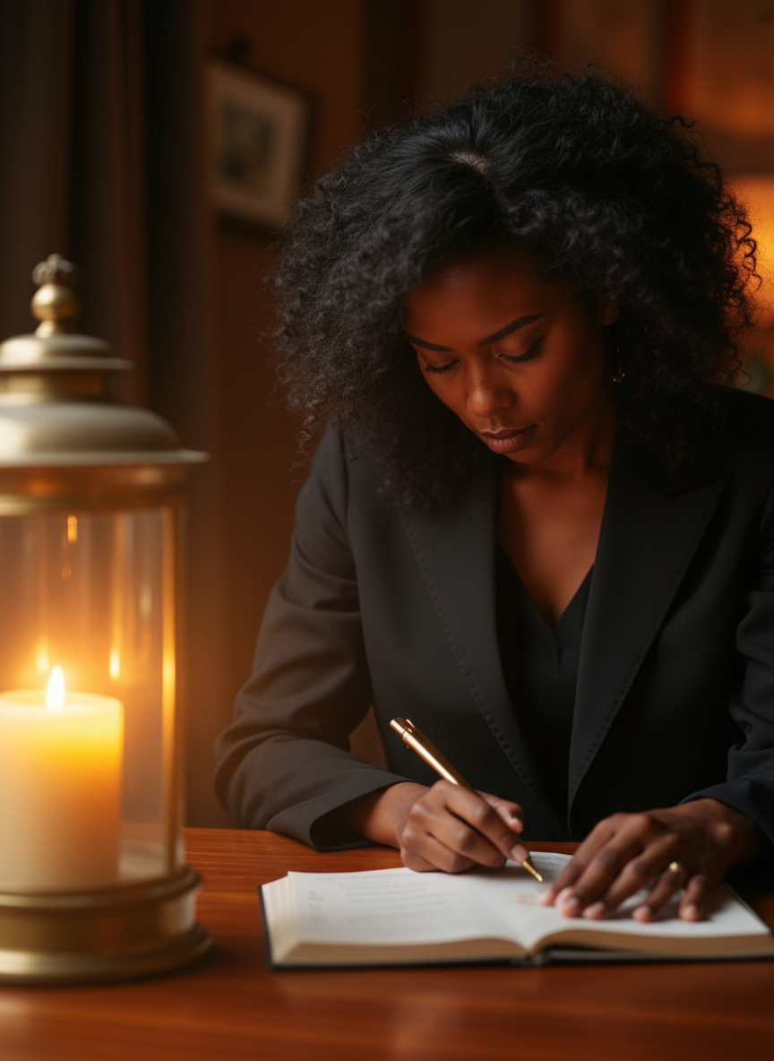 Woman writing by lantern light, reflecting on her journey